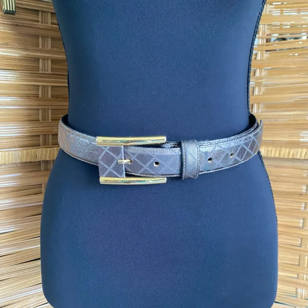 Avignon Gold Metallic Diamond Pattern Leather Belt Medium with Gold Buckle Med